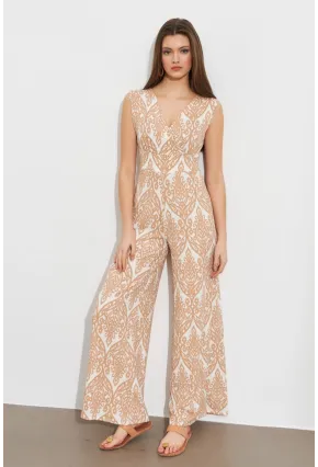 Kadın Vanilya Kruvaze Yaka Desenli Bürümcük Tulum MP430