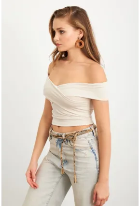 Kadın Vanilya Madonna Yaka Crop Bluz VA101