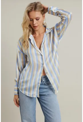 Kadın Vanilya-Mavi Desenli Saten Gömlek MSHR9