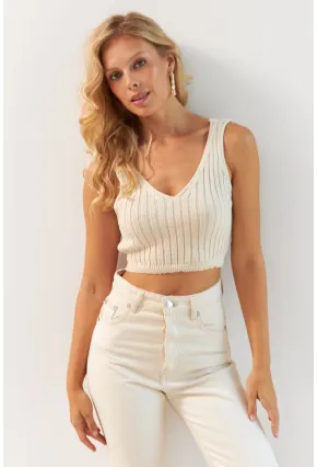 Kadın Vanilya Ön Arka V Triko Crop Bluz MP20136