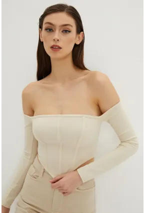 Kadın Vanilya Sırt Fermuarlı Crop Bluz B518