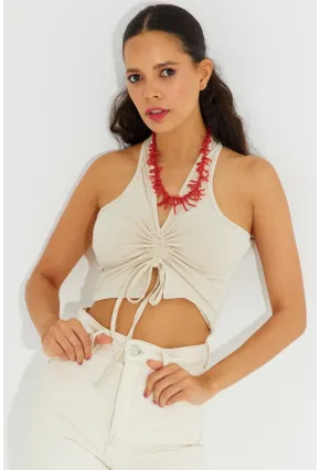 Kadın Vanilya Sırtı Açık Crop Bluz B2697