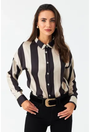 Kadın Vanilya-Siyah Desenli Saten Gömlek MSHR500