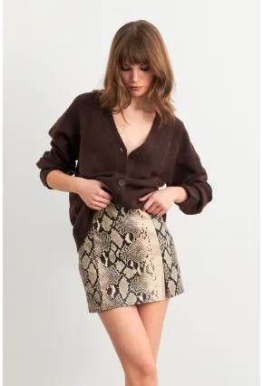 Kadın Vanilya-Siyah Suni Deri Yılan Desenli Mini Etek NH24475