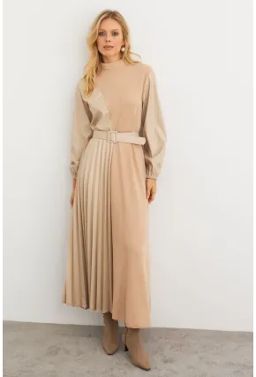 Kadın Vanilya Suni Deri Bloklu Pilili Maxi Elbise MALZ100