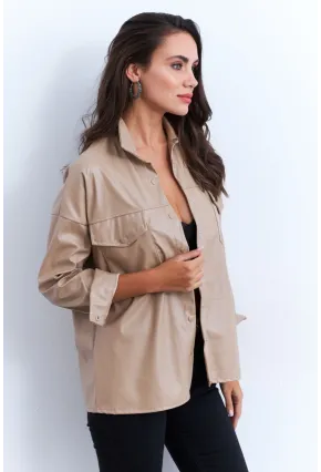 Kadın Vanilya Suni Deri Gömlek HO56