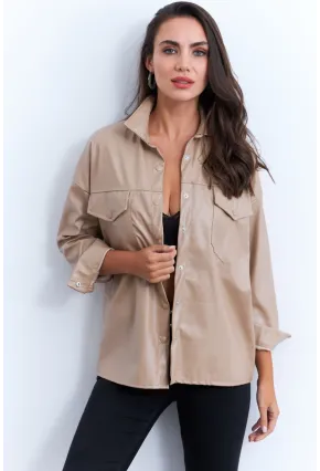Kadın Vanilya Suni Deri Gömlek HO56
