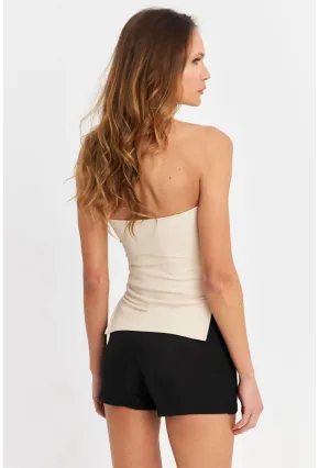 Kadın Vanilya Suni Deri Straplez Bluz SB113