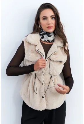 Kadın Vanilya Suni Kürk Cepli Yelek MK66
