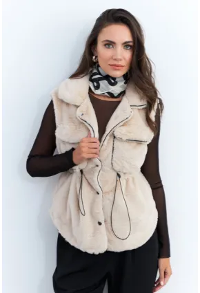 Kadın Vanilya Suni Kürk Cepli Yelek MK66
