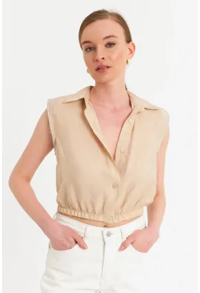 Kadın Vanilya Taş Detaylı Crop Gömlek SUN200