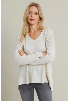 Kadın Vanilya V Yaka Taşlı İnce Triko Bluz MYİL002