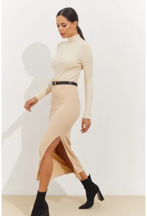 Kadın Vanilya Yandan Yırtmaçlı Midi Etek BK1600