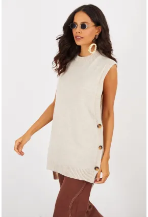 Kadın Vanilya Yanları Düğmeli Kolsuz Triko Tunik YV75