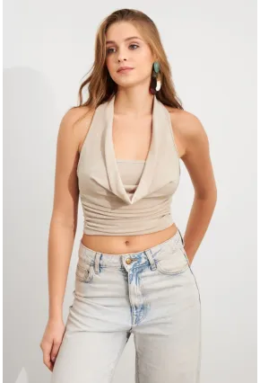 Kadın Vanilya Zincir Aksesuarlı Degaje Yaka Bluz MTK13443