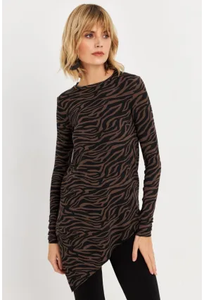 Kadın Vizon Asimetrik Zebra Desenli Tunik MLPP1186-1