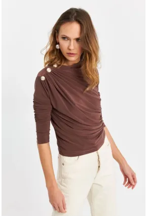 Kadın Vizon Düğme Detaylı Büzgülü Bluz LPP1223-1