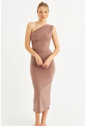 Kadın Vizon Tek Omuz Büzgülü Midi Elbise DMR294-90