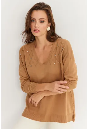 Kadın Vizon V Yaka Taşlı İnce Triko Bluz YİL002
