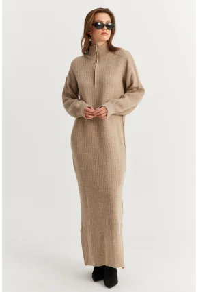 Kadın Vizon Yakası Fermuarlı Triko Maxi Elbise MNUV10
