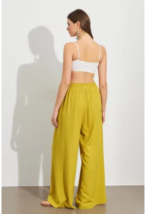 Kadın Yağ Yeşili Beli Lastikli Bürümcük Pantolon ROP105