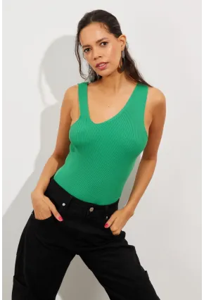 Kadın Yeşil Asimetrik Yaka Triko Bluz YV122