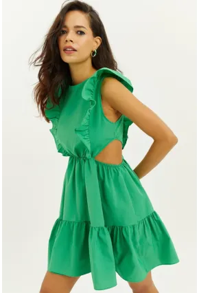 Kadın Yeşil Bel Dekolteli Volanlı Mini Elbise SF1523