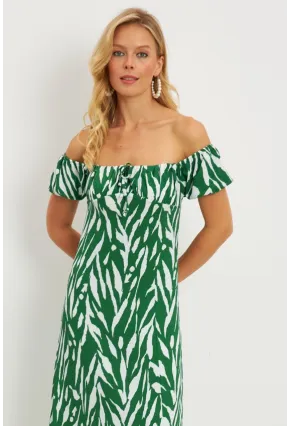 Kadın Yeşil Bürümcük Büzgülü Midi Elbise DY105