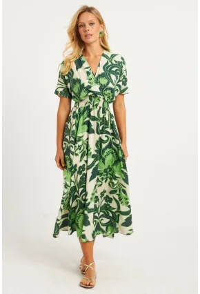 Kadın Yeşil Desenli Gipeli Midi Elbise YZ1055