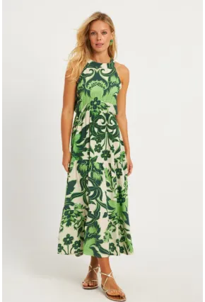 Kadın Yeşil Desenli Midi Elbise YZ1107