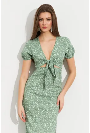 Kadın Yeşil Desenli Pencereli Midi Elbise Q1013