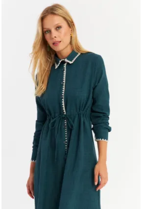 Kadın Yeşil Garnili Gömlek Midi Elbise MASF10
