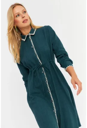 Kadın Yeşil Garnili Gömlek Midi Elbise MASF10