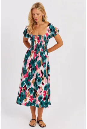 Kadın Yeşil Gipeli Desenli Midi Elbise MON126