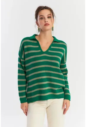 Kadın Yeşil-Gri Polo Yaka Çizgili Triko Kazak SE01