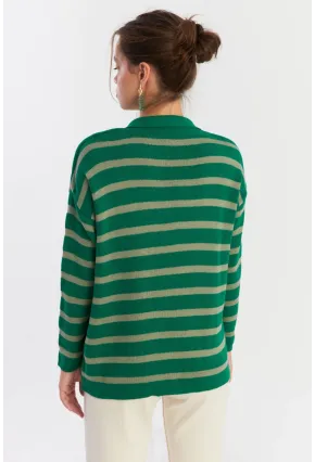 Kadın Yeşil-Gri Polo Yaka Çizgili Triko Kazak SE01