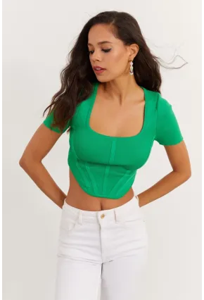 Kadın Yeşil Kare Yaka Triko Bluz TEM95