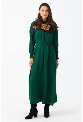 Kadın Yeşil Kolları Pileli Kemerli Maxi Elbise MASF124