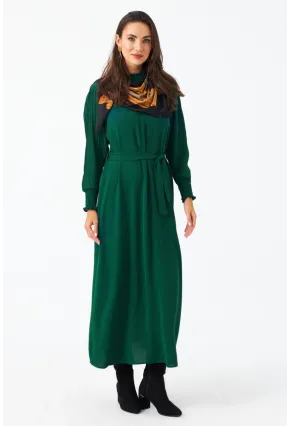 Kadın Yeşil Kolları Pileli Kemerli Maxi Elbise MASF124