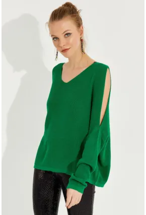 Kadın Yeşil Kolu Yırtmaçlı Triko Bluz SMT221
