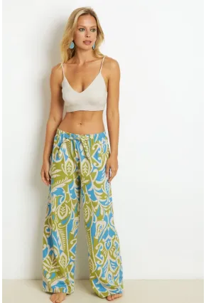 Kadın Yeşil Palozzo Desenli Keten Pantolon K1250