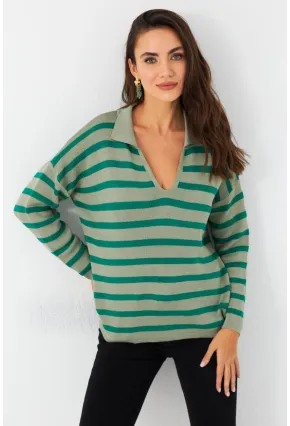 Kadın Yeşil Polo Yaka Çizgili Triko Kazak SE01
