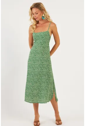 Kadın Yeşil Sırtı Gipeli Desenli Midi Elbise MP427