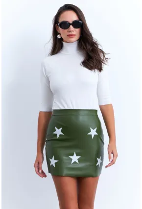 Kadın Yeşil Suni Deri Desenli Mini Etek NH92