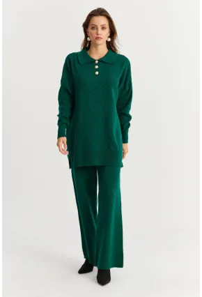 Kadın Zümrüt Yeşil İnci Düğmeli Triko Alt Üst Takım NUV33