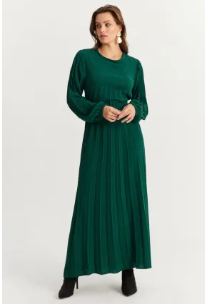 Kadın Zümrüt Yeşil Kemerli Plili Maxi Elbise ALZ500