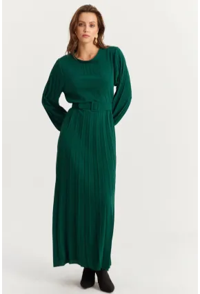 Kadın Zümrüt Yeşil Kemerli Plili Maxi Elbise ALZ500