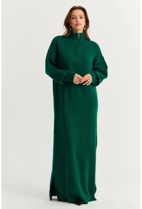 Kadın Zümrüt Yeşil Yakası Fermuarlı Triko Maxi Elbise MNUV10