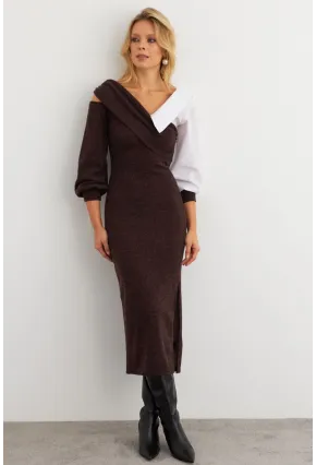 Kadın Acı-Kahve Blok Kumaşlı Asimetrik Yaka Maxi Elbise KED4469