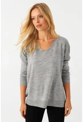 Kadın Açık Gri V Yaka Taşlı İnce Triko Bluz YİL002